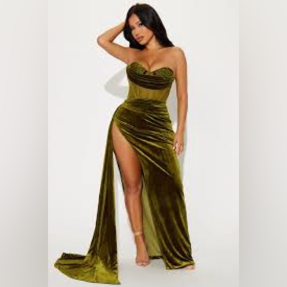 Fashion Nova  Velvet Olive Green Strapless Gown - Picture 2 of 11